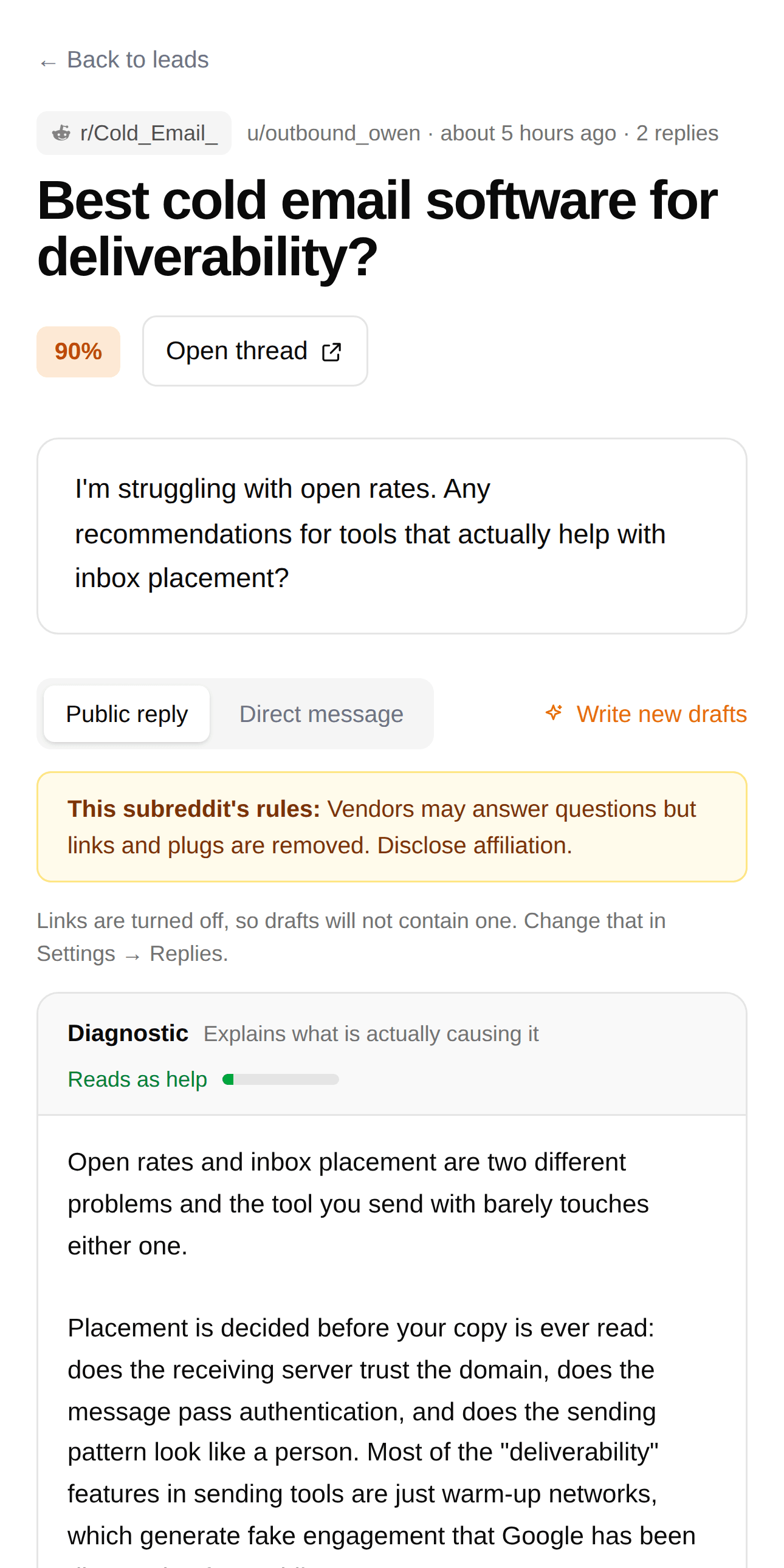 A lead in Prequalified: the original Reddit thread, the sentence quoted as evidence, three separate scores, the subreddit's own self-promotion rules, and a drafted reply