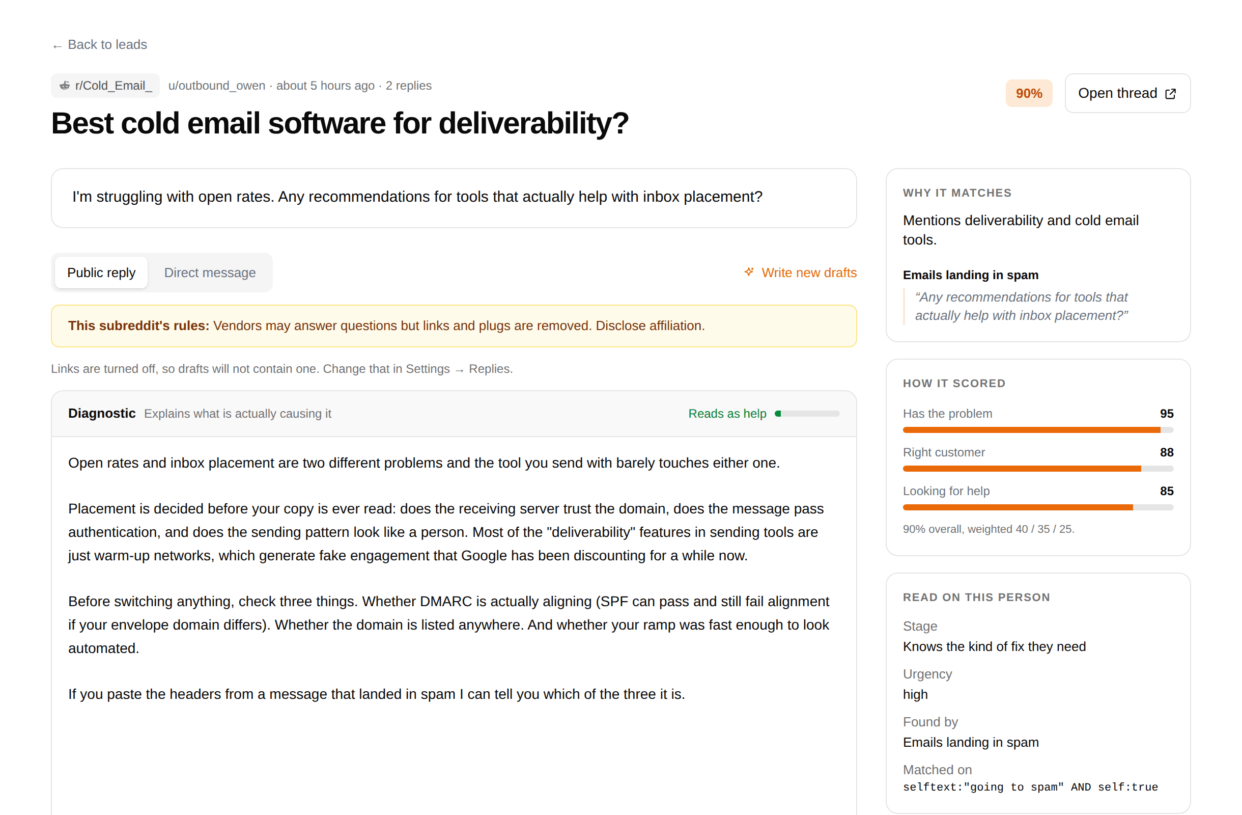 A lead in Prequalified: the original Reddit thread, the sentence quoted as evidence, three separate scores, the subreddit's own self-promotion rules, and a drafted reply